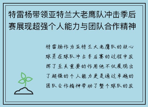 特雷杨带领亚特兰大老鹰队冲击季后赛展现超强个人能力与团队合作精神